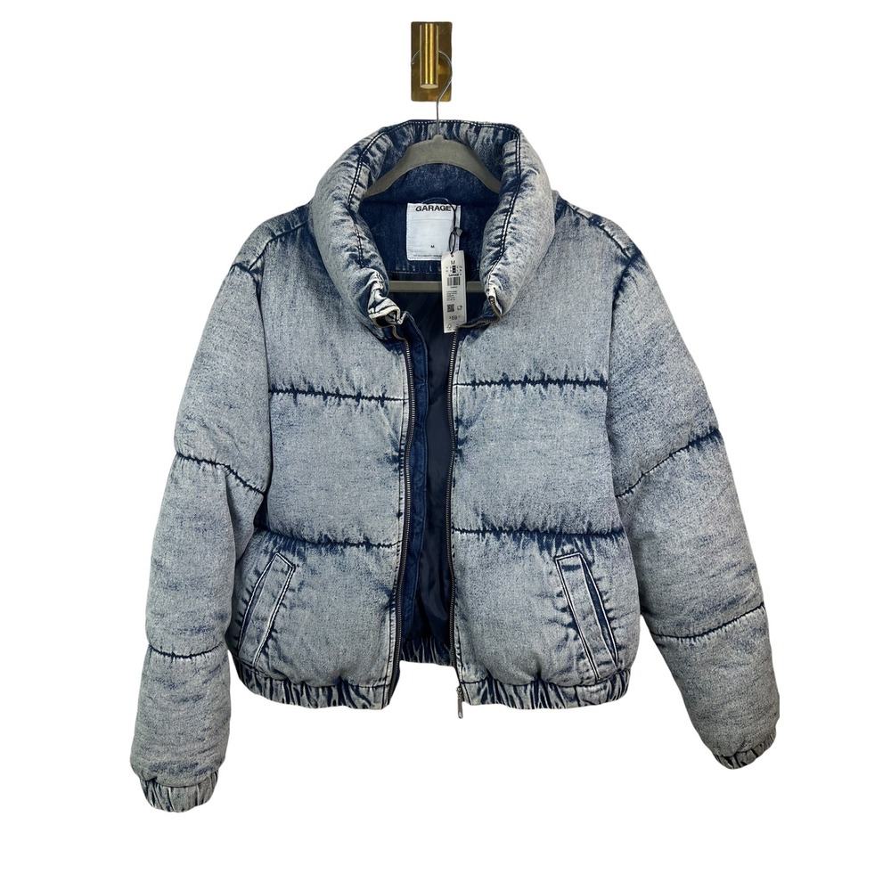 Garage Y2K Acid Wash Cotton Puffer Jacket Light Blue Denim Quilted Outerwear M